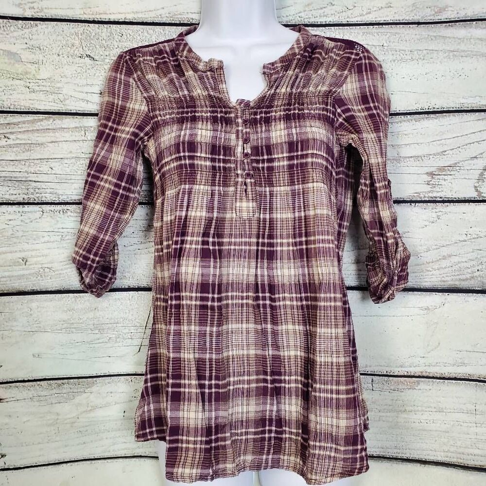 Maurices Purple Plaid Button Front Top Small Crochet Lace Back Roll Tab Sleeves